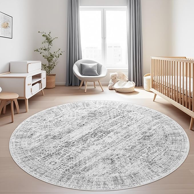 9x9 Grey Round Rug 9ft Living Room Circle Rug Vintage Round Area Rug Non Slip Indoor Carpet for Apartment