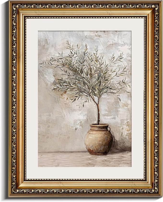 InSimSea Retro Gold Framed Wall Art, Vintage Olive Tree in Vessel Home Wall Decor, Canvas Print Artwork, Farmhouse Country Decor, Antique Picture Frame Still Life Botanical Paintings, 11x14 Inch