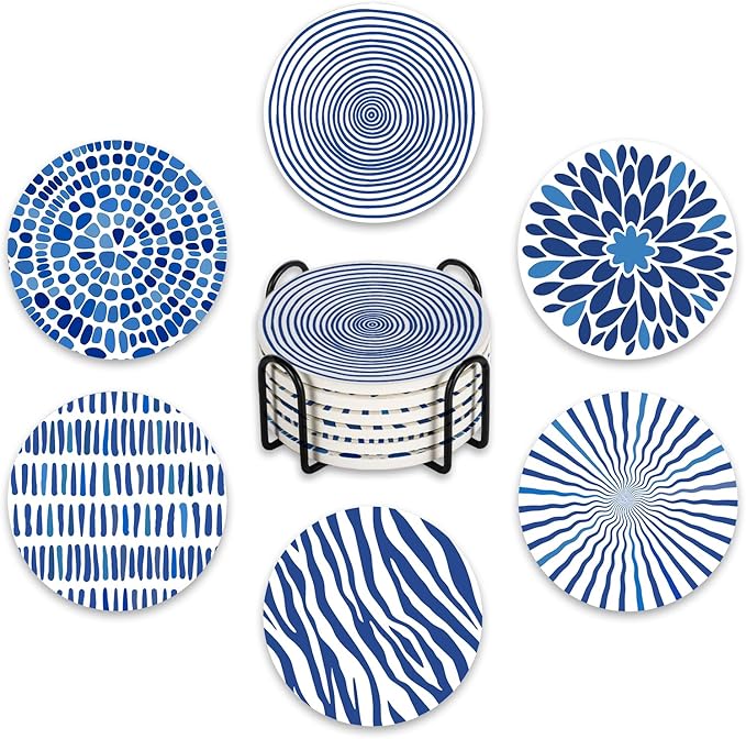 Blue White Geometric Ceramic Coasters with Holder Set of 6, Abstract Dahlia Modern Art Absorbent Drink Cup Mat for Coffee Table Protection, 4'' Minimalist Home Kitchen Decor Housewarming Gifts