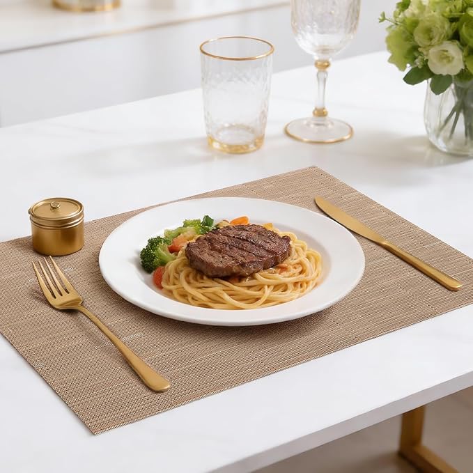 Timeet Placemats Set of 6, Heat Resistant Non-Slip Place Mats, Durable Washable PVC Vinyl Woven Table Mats, Linen Textured Table Placemats for Dining Kitchen Resistant Easy to Clean(Brown)