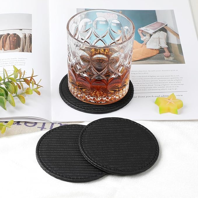 6 Pcs Premium Leather Coasters with Holder, Tabletop Protection, Coffee Table & Bar Decoration, Modern-Style Drink Coasters Suitable for Home Dining Tables & Kitchen Accessories (Black Stripe)