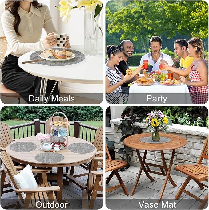 Homaxy Round Faux Leather Placemats and Coasters, Washable Dual-Side Table Mats, Wipeable Heat-Resistant Dining Place Mats for Outdoor and Indoor, Set of 4, Diameter 13 and 3.93 inch, Light Grey
