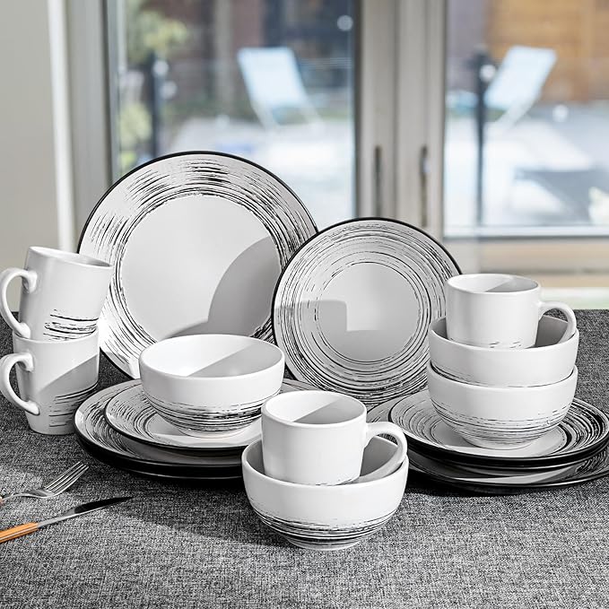 Homlouue 16 Pcs Stoneware Dinnerware Sets for 4, Porcelain Farmhouse Plates Bowls Mugs Set - Minimalist Chip Resistant Dish Set, Microwave & Dishwasher Safe in White and Black Thread