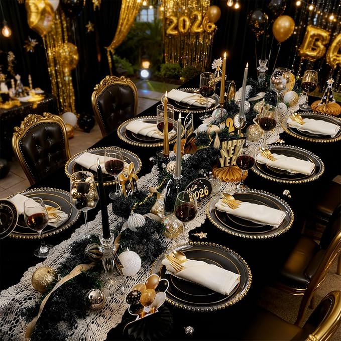 WDF 300PCS Black and Gold Plates - Black Plastic Plates for Party - 50guest Disposable Dinnerware Sets for Party/Wedding/New Year