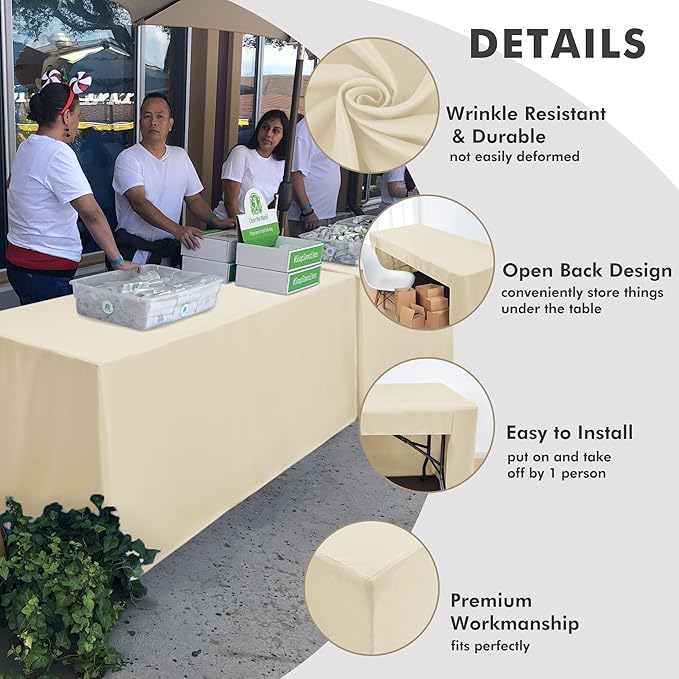 Nasitos 2 Pack Beige 6ft Table Cloth Fitted-Open Back Folding Fabric Table Cover Washable Table Cloth for Rectangular Table, Trade Show, Parties, Wedding, Banquet, Buffet, Jewelry Shows, Craft Fair