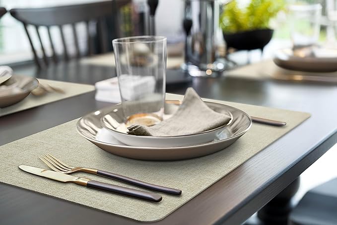 More Décor Faux Leather Placemats Set of 4 for Dining Table – Waterproof, Wipeable, Washable, Stain & Heat Resistant, Non-Slip Table Mats – 12 X 17 Inch, Beige