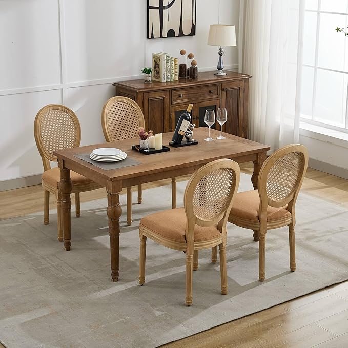 Vintage French Rattan Dining Chairs Set of 4, Round Back Accent Chairs with Rattan Backrest and Upholstered Linen Seat, Solid Wood Frame Sillas de Comedor for Dining Room & Kitchen, Camel