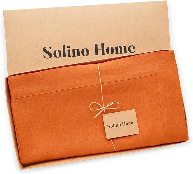 Solino Home Linen Tablecloth for Rectangle Tables 60 x 90 Inch - 100% Pure Linen Persimmon Orange Table Cloth - Fete, Machine Washable Cloth Tablecloth for Spring, Easter