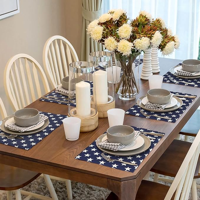 Independence Day Placemats 12x18 Inches Set of 4, 4th of July Blue Stars Placemats Summer Decorative Rectangle Star Table Mats for Party Home Kitchen Dining Table Decoration
