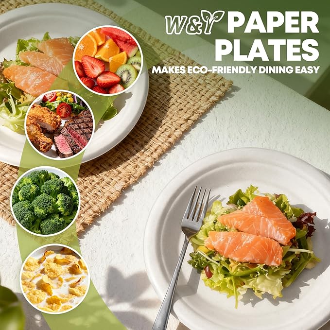 W&Y 100 Pack 6 Inch Disposable Small Paper Plates,Heavy Duty Dessert Plates - Compostable, Microwave-Safe, Leak-Proof, Ideal for Parties, Picnics & Daily Use