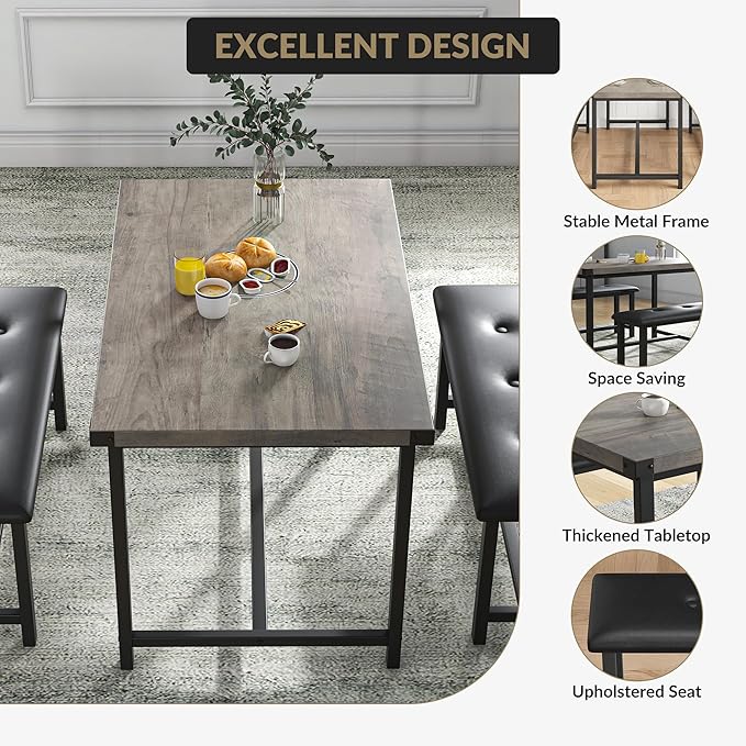 Garvee Dining Table with 2 Benches, Kitchen Table with 2 Upholstered Benches, 3 Piece Dining Table Set Space Saving for Apartment, Kitchen, 44.48" l x 27.58" w x 29.58" h, Grey