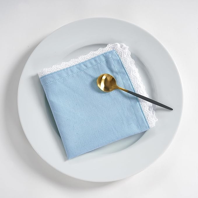 Fingercraft Dinner Cloth Napkin Cotton Linen Blend 12 Pack 12In Mitered Corners with Elegant Lace for Everyday Use Napkins Cloth are Pre Shrunk and Good Absorbency Sky Blue