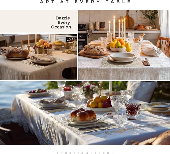 Leetaltree Luxury Beige and Gold Woven Placemats Set of 8 - Waterproof Washable Textured Table Mats for Wedding, Anniversary, Daily Use - Sparkling Metallic Thread Table Decor - Hand-Cut