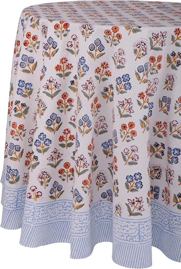 ATOSII Flora Bloom 100% Cotton Round Tablecloth, Handblock Print Floral Table Cloth for Kitchen Dining Linen I Parties, Weddings, Outdoors, Spring Summer I 90" Inches Round