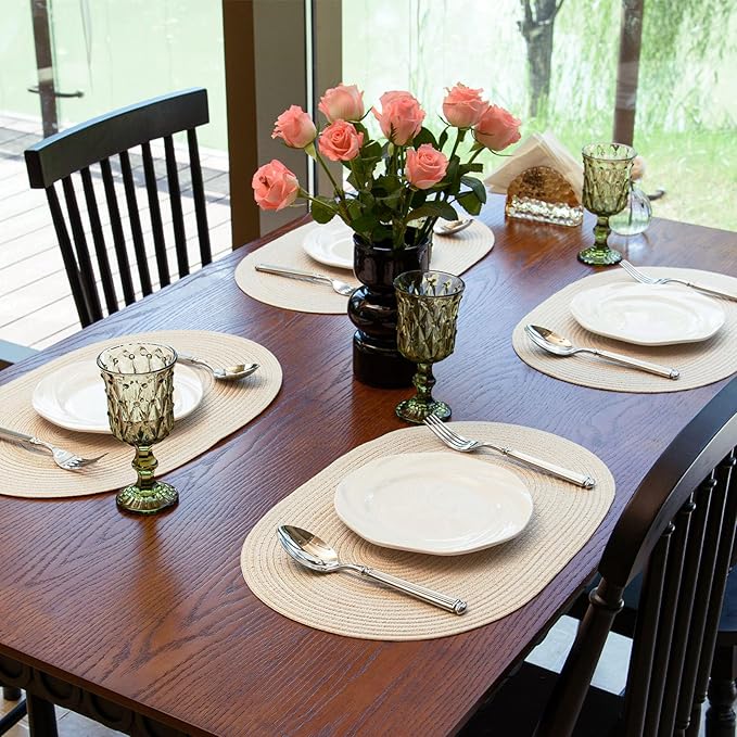 Noctiflorous Oval Braided Placemats Set of 6 Woven 12x18 Inch Non Slip Washable Heat Resistant Place Mats Round Tablemats for Dining Kitchen Party Daily Table Decor Dinner Mats (Beige, 6)