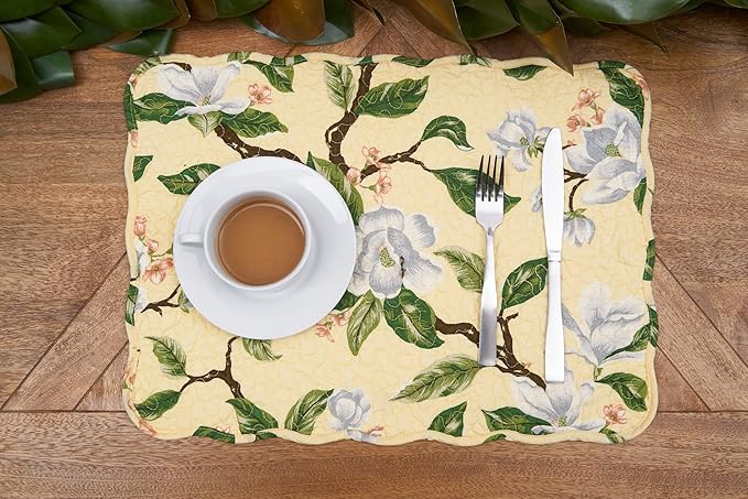 C&F Home Elle 100% Cotton Quilted Vintage Set of 6 Placemats 13" x 19" Spring Springtime Garden Floral Flowers Home Kitchen Dining Dinner Table Tabletop Machine Wash Reversible Scalloped Edge Decor