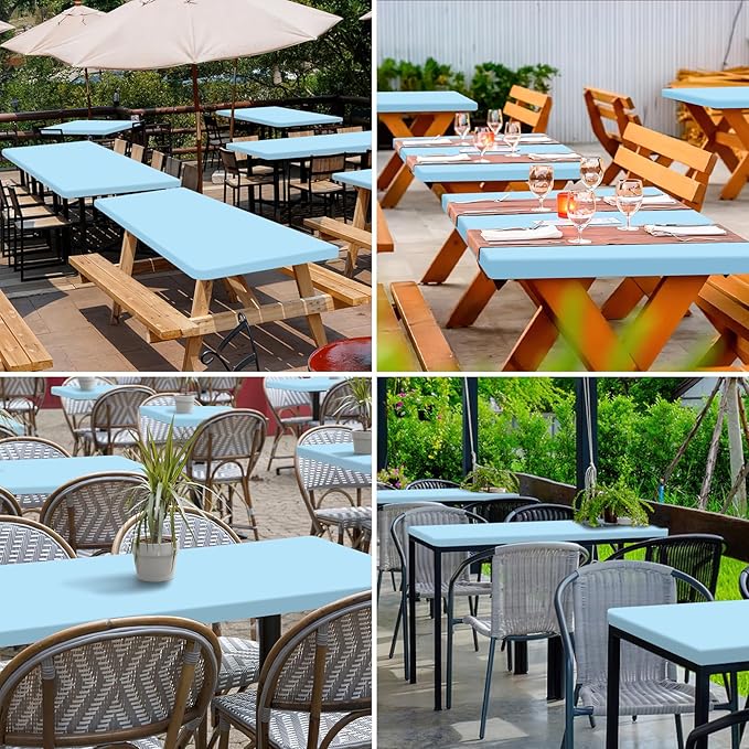 homing 2 Pack Rectangle Table Cloth, Elastic Fitted Fabric Tablecloth Fits for 6 Foot Folding Tables, Washable Table Cover for Picnic, Camping, Indoor & Outdoor (Light Blue, 30" x 72")