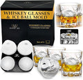 Whiskey Glasses Set of 4 - Spinning Bourbon Glass with Ice Ball Mold - Elegant Scotch, Old Fashioned Rotating Base - Thick Crystal Drinking Kit Scotch - Elegant Barware Gift for Whisky Lovers