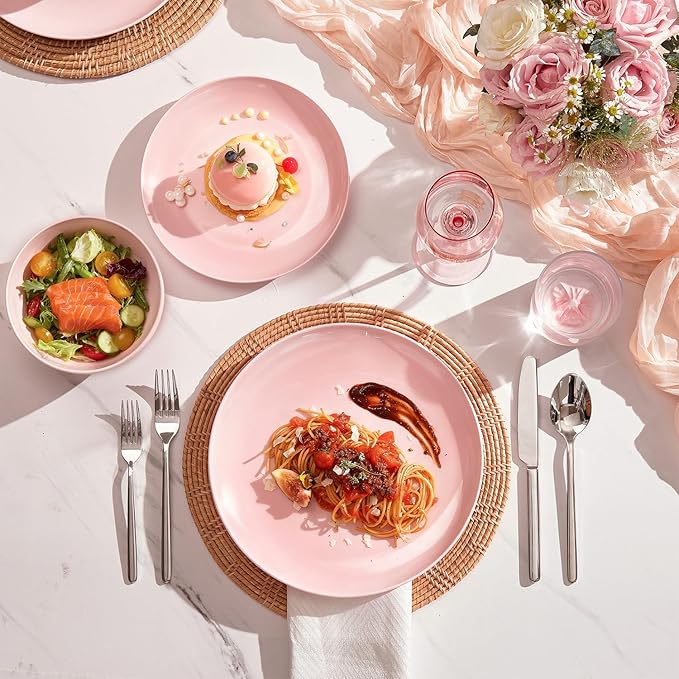 KINGSTONE Bone China Dinnerware Sets, 24-Piece Dinnerware Set for 8, Lightweight Durable, Dishwasher Safe, Tableware for Daily Use with Elegant Design, Pink