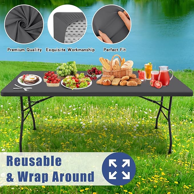 Spandex 6 Foot Rectangle Table Cloth 2 Pack, Elastic Fitted Tablecloths for Picnic, Stretch Washable Patio Table Cover for Outdoor, Camping, Banquet and Parties (Dark Grey, 30"x72")