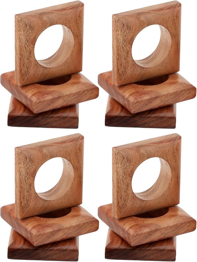 CLEENTABLE Wooden Napkin Rings Set of 12 Fall Decor for Home Square Acacia Wood Napkin Holders for Dining Table Settings Napkin Ring Rustic Table Décor for Weddings, Parties, Everyday Use (Brown)