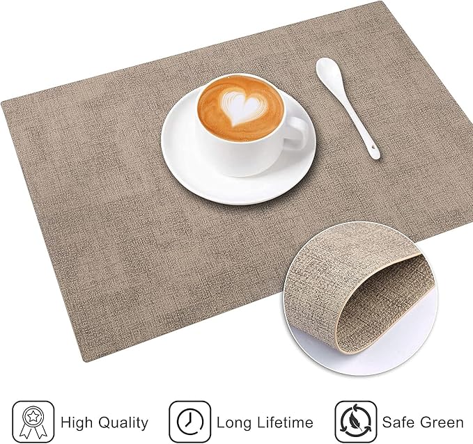 Leather Heat Resistant Placemats Set of 6 Waterproof Wipeable Washable PU Table Mats,Easy to Clean Anti-Slip Place Mats (Light Brown, 6)