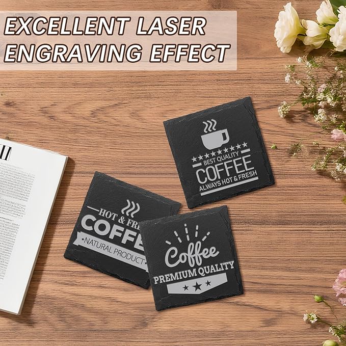 60 PCS Slate Coasters Black Square 4 Inch Bulk Rock, Blank Laser Engraving, Scratch Resistant Bottom, Home Office Kitchen Gift Wedding Bar Party Square Coasters