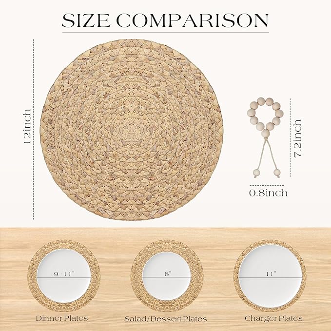 12” Woven Round Placemats Set of 4, Natural Water Hyacinth Braided Table Mats with 4 Wood Bead Napkin Rings, Washable Boho Farmhouse Rattan Place Mats for Home, Outdoor, Table Decor, Dinning, Wedding