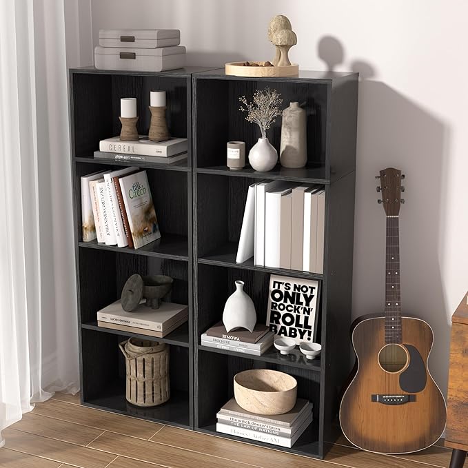 Wooden 4 Cube Storage Organizer, 4 Tier Tall Modern Bookshelf Freestanding Storage Display Organizer, Versatile Cubes Shelf and Cubby Unit for Living Room, Bedroom, Home Office 15.7inch