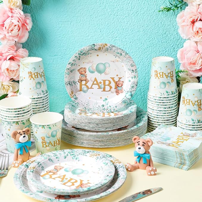 200 Pieces Party Supplies Tableware Set Patterns Printed Plates Napkins Cups Table Decorations for Baby Shower Birthday Party (Bear)