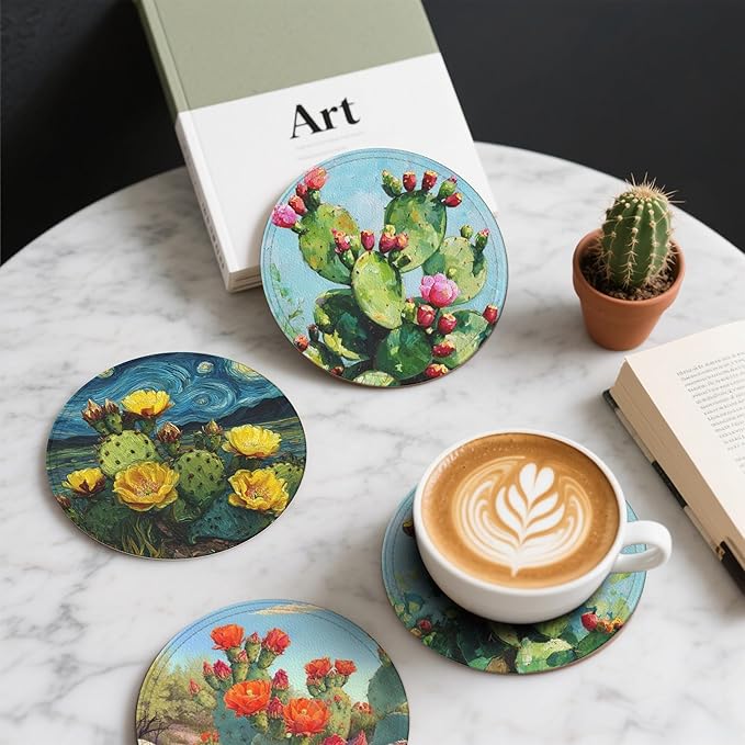 Cactus Coasters Leather Round Drink Coasters 6 Pcs Set with Holderor for Cup Drink Coffee Table Bar Home Decor
