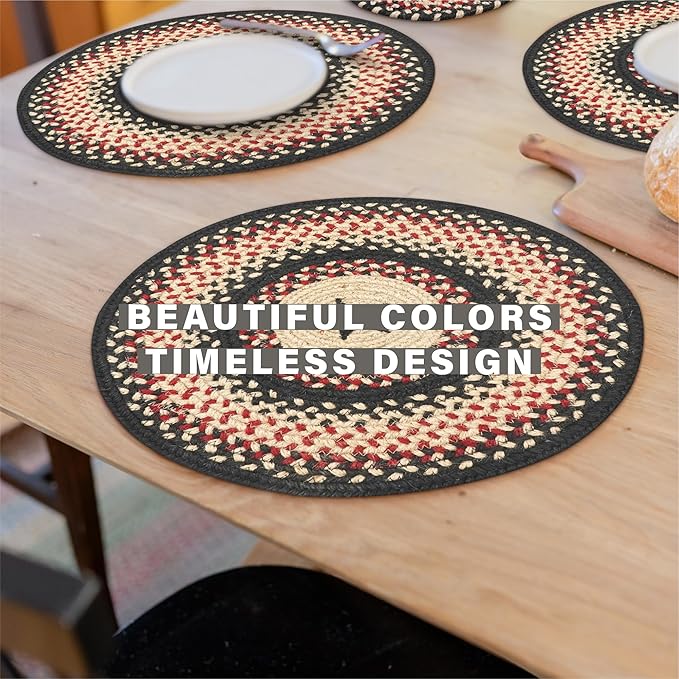 Homespice Primitive Star Gloucester Round Braided Placemats, Warm Primitive Decor, Set of 2, 15" Black and Red Jute Table Mats - Vibrant Colors, Durable, Easy to Clean and Protects Furniture
