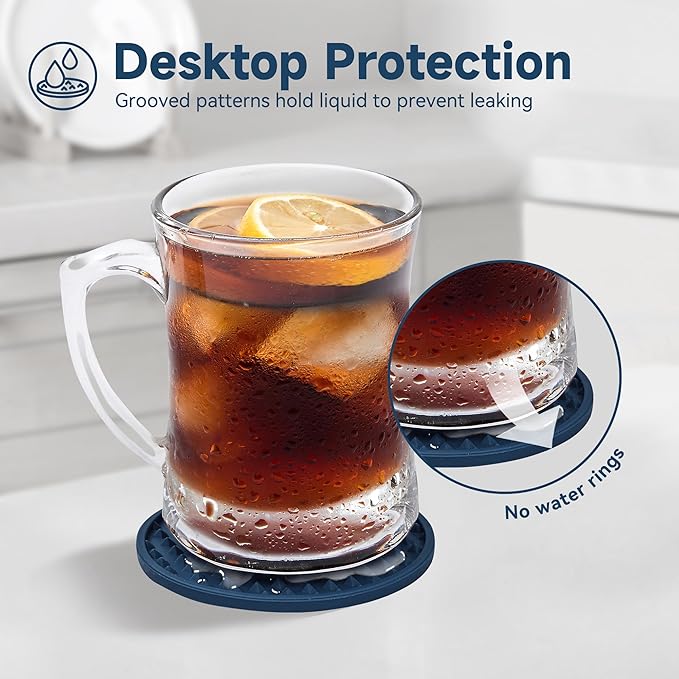 Coasters for Drinks, Silicone Coasters Set of 12 with ABS Holder, Outdoor Coaster for Coffee Table, Non-Slip Rubber Table Cup Mat Desk, Heat Resistant & Scratch-Proof (Navy Blue)