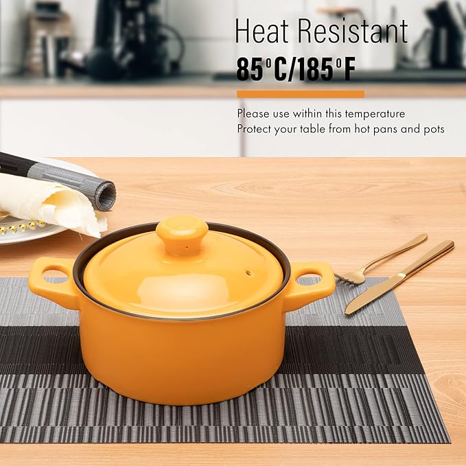 Winknowl Placemats Set of 6, Heat Resistant Non-Slip Vinyl Woven Table Mats for Dining Table, Washable Durable Elegant Place Mats for Kitchen Indoor/Outdoor Use (Black)