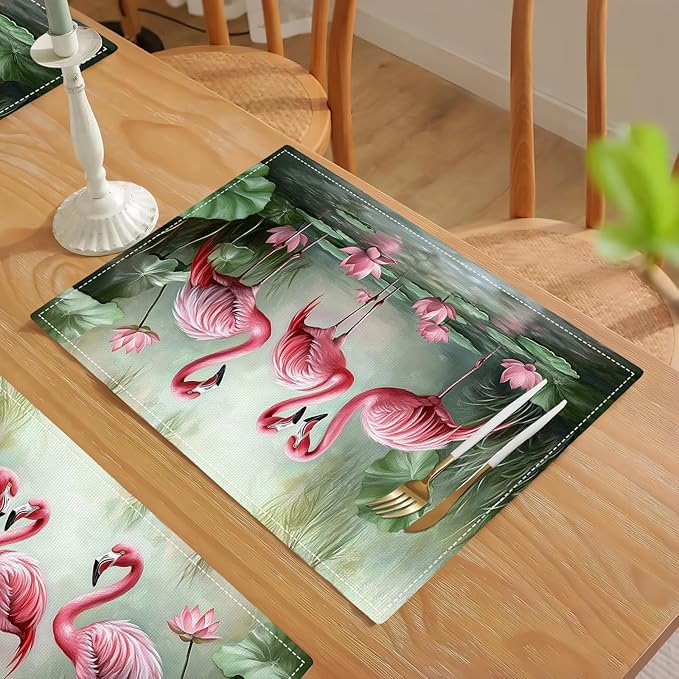 Flamingo Placemats Set of 6, Flamingo Tropical Flowers Place Mats, Wildlife Waterproof Washable Table Mats for Home Party Indoor Kitchen Dining Table Decoration 12x18 Inch