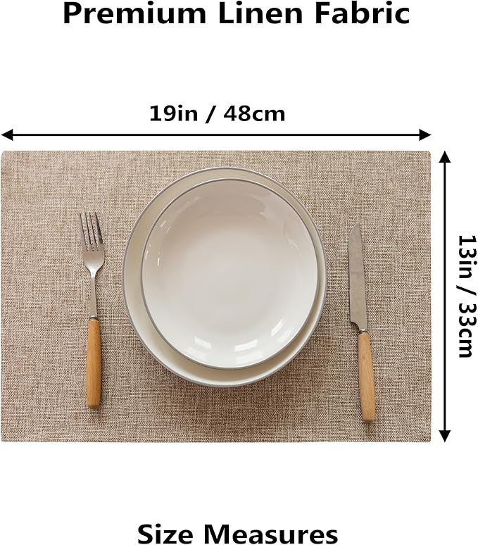 Demetex Linen Placemats Set of 4 Heat Resistant Wipeable Cloth Table Place Mats for Dining Table Indoor Restaurants, 13 x 19 inches, Linen
