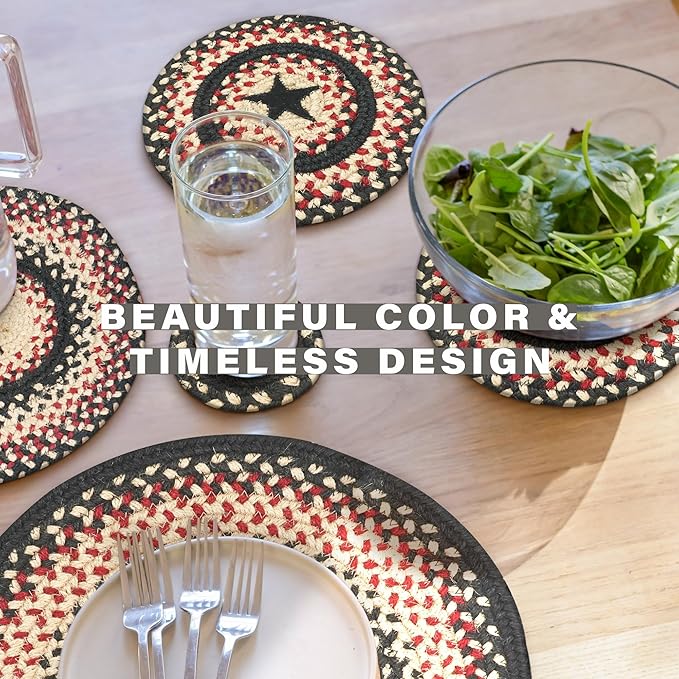 Homespice Primitive Star Gloucester Jute Braided Trivets for Table - Set of 3, Round 8", Black & Red - Rich Colors, Easy to Clean, Durable and Protects Furniture