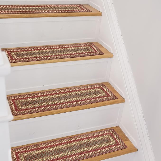 Homespice Cider Barn Jute Braided Stair Treads for Wooden Steps, Country Primitive Decor, Set of 13, Red 8x28 Rectangle Rugs for Stairs - Easy to Clean, Tightly Stitched and Durable