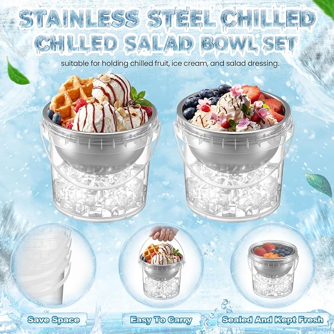 6 Set 34 oz Dip Chiller Bowl with 68 oz Ice Bowl Base with Handle, Stainless Steel Chilled Cold Serving Dish for Salads Dips Fruits Potato BBQ Outdoor Party Favor