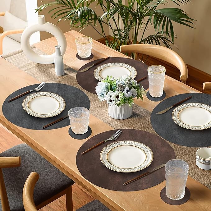 Round Placemats and Coasters Set of 6, Washable Reversible Faux Leather Placemats Cowhide Pattern Place Mats Wipeable Non-Slip 15 inch Round Kitchen Dining Table Mats (Gray Dark Coffee, 6)