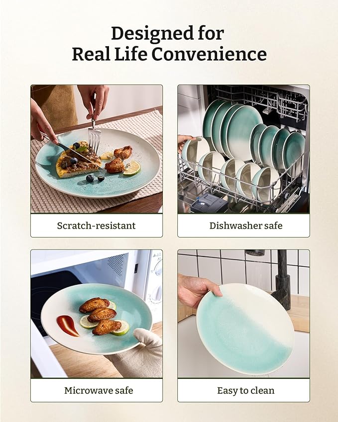 Famiware Glacier Dinnerware Sets, Plates and Bowls Dish Sets for 6 (18 Pieces), Stoneware Tableware - Dishwasher and Microwave Safe, Handcrafted Reactive Glaze, Aqua