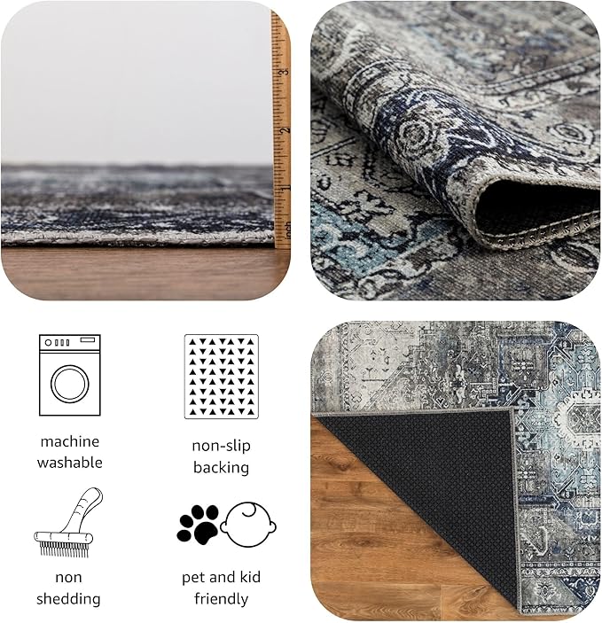 Keen Home Design 2x12 Rug - Machine Washable Runner Rug with Non-Slip Backing, Ideal for Hallway, Entryway, Kitchen, Laundry Room - Vintage, Easy Clean, Durable, Low Pile - (2'6" x 12')