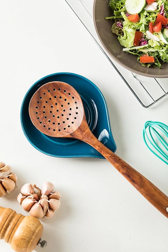 LAUCHUH Spoon Rest for Stove Top, Ceramic Spoon Holder for Kitchen Countertop, Large Cooking Utensil Rest for Spatula, Spoons or Tongs, Framhouse Decor, Blue, 5 Inches