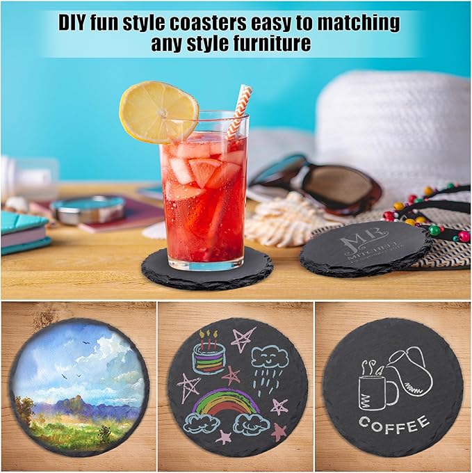 12 Pack Slate Drink Coasters with Metal Holder, VIBRATITE 4 Inch Black Slate Stone Coasters Bulk Laser Engraving Blanks with Anti-Scratch Bottom for Drink Coffee Bar Kitchen Home Decor, Round