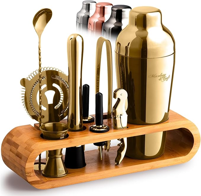 Mixology & Craft Cocktail Shaker Set: 10-Piece Bartender Kit with Stand | Complete at Home Bar Set with Bar Accessories | Great Housewarming Gift | Leak-Proof Design (Gold)