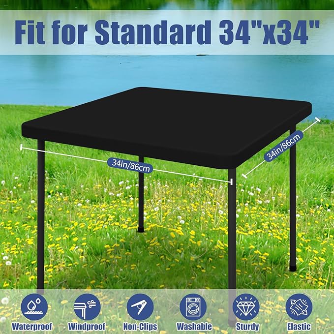 Spandex Picnic Table Cloth 2 Pack, Elastic Fitted Tablecloths for Square Tables, Stretch Washable Patio Table Cover for Outdoor, Camping, Banquet and Parties (Black, 34"x34")