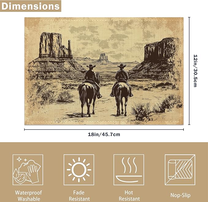 Vintage Western Cowboy 12x18 Inch Placemats Set of 6 - Waterproof, Non-Slip & Washable Table Mats for Kitchen & Dining Table Placemats