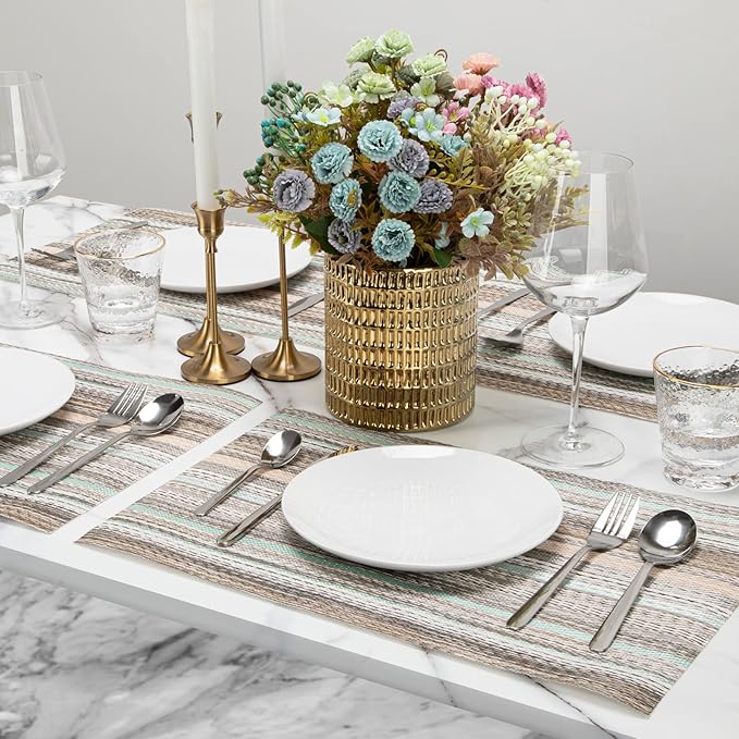 Winknowl Placemats Set of 4, Heat Resistant Non-Slip Vinyl Woven Table Mats for Dining Table, Washable Durable Elegant Place Mats for Kitchen Indoor/Outdoor Use (Teal Green)