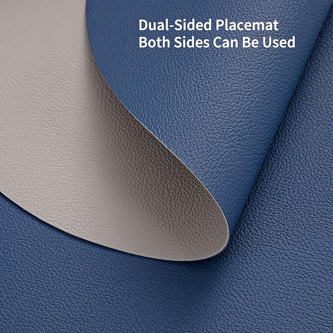 Myir JUN Round Placemats Set of 6 Faux Leather Place Mats and Coasters 15 inch Round Table Mats Dual Sided Non-Slip Stain Resistant Placemats (Light & Gray Blue, Set of 6)