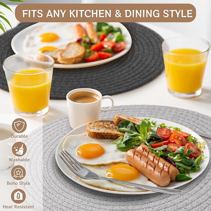 Kochorie Set of 8 Round Woven Cotton Placemats, 13 Inch Boho Table Mats for Kitchen and Dining Table, Farmhouse Heat Resistant Washable Trivets, Fall Thanksgiving Christmas Décor (Mixed Gray)